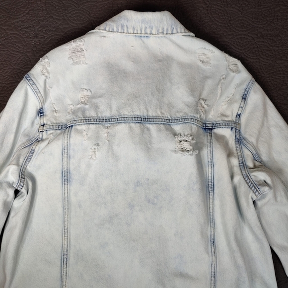 Free People We The Free Destroyed Long & Lean Trucker Jacket Oversized Denim Med - Picture 5 of 11